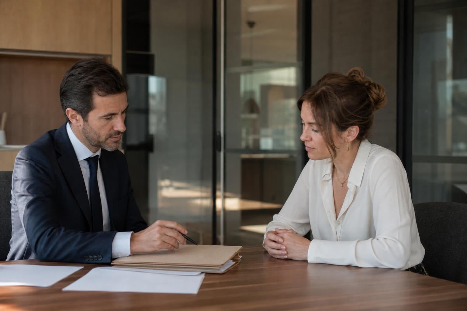 Un homme en costume examine un dossier à une table face à une femme assise dans un bureau vitré.