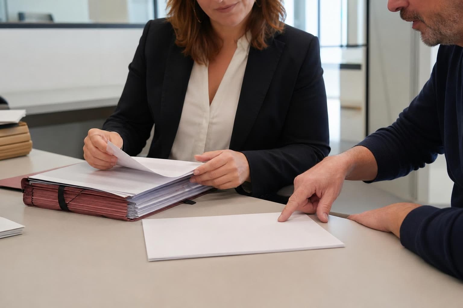Deux personnes sont assises à une table de bureau et examinent un dossier papier, dans un intérieur sobre.